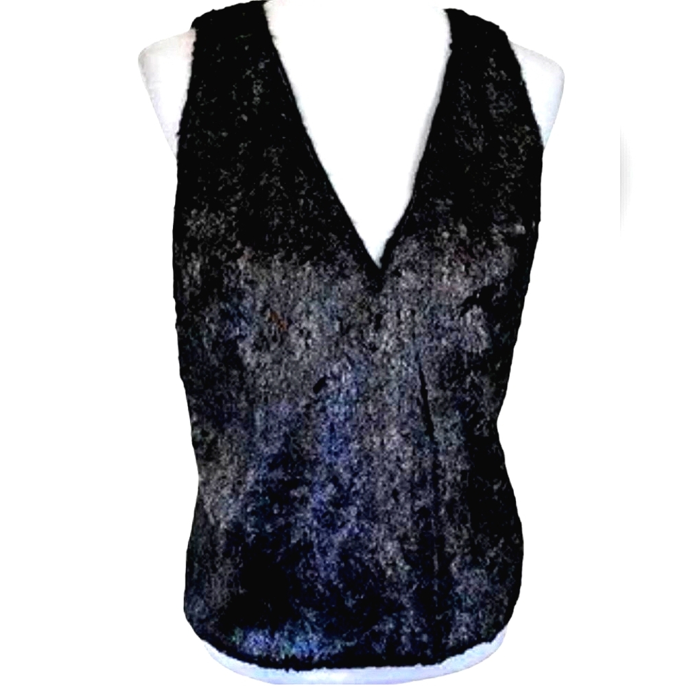 Nwot Leon Max Limited Edition Black Metallic Faux Fur V-Neck Pleated Bac…